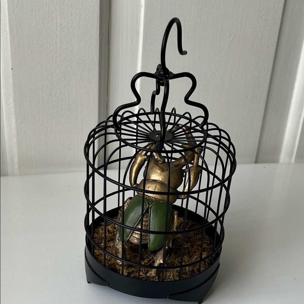 Black Wire Birdcage w/ Gold/Green Scarab Beetle Dark Academia Gothic Decor - Picture 2 of 8